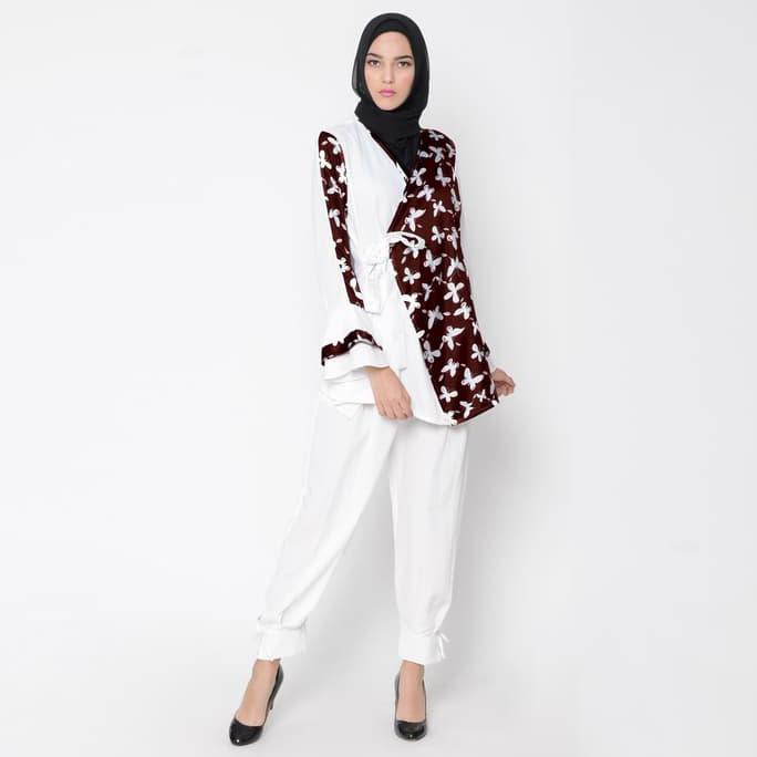 Hijab Ellysha "Premium Collections" Mizuki Kimono Top Maroon White B8143