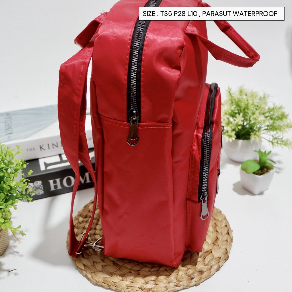 Tas Wanita Punggung Ransel mini polos bahan parasut waterproof anti air bisa selempang ransel dan tenteng 3 in 1