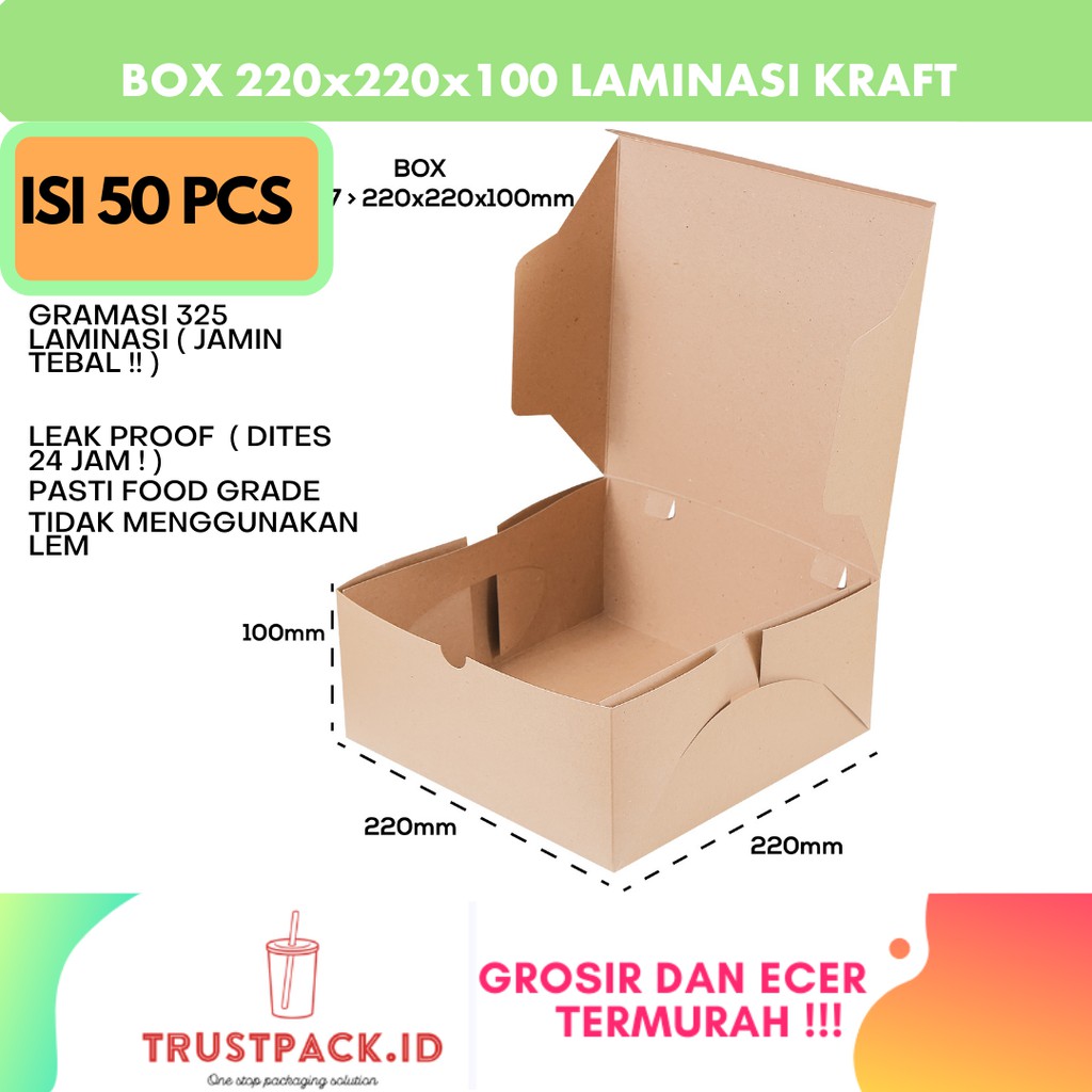 DUS NASI 22x22 KOTAK KUE KRAFT PAPER / COKLAT TEBAL 325gsm - LAMINASI