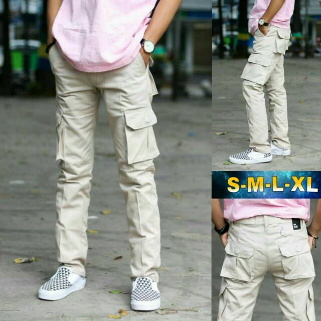 IMBE denim celana  cargo  panjang  pria canvas twill cream  