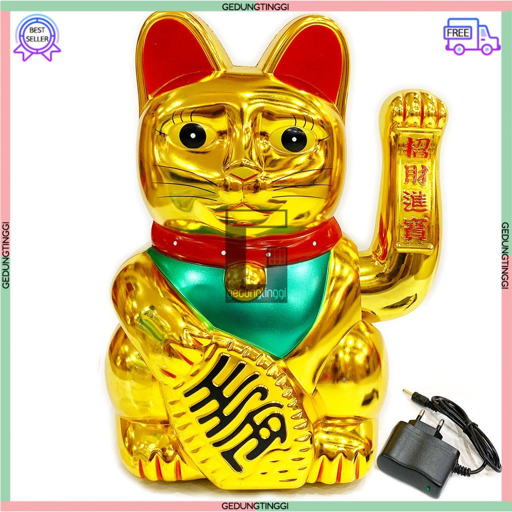 Patung Pajangan Boneka Hiasan Dekorasi Koleksi Kalung Kucing Hoki Lucky Cat Keberuntungan Maneki Neko Maneko Neki Rejeki Rezeki Cina China Jepang Tangan Goyang Gerak Jumbo Besar XL Muscle Otot Plastik Non Solar Keramik Mini Emas Gold Baterai Batre Batrai