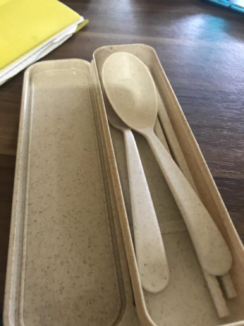[ Gooddang ] Set Sendok Garpu Sumpit + Box Bahan Jerami Plastik - Paket Sendok Travel Wheat Straw
