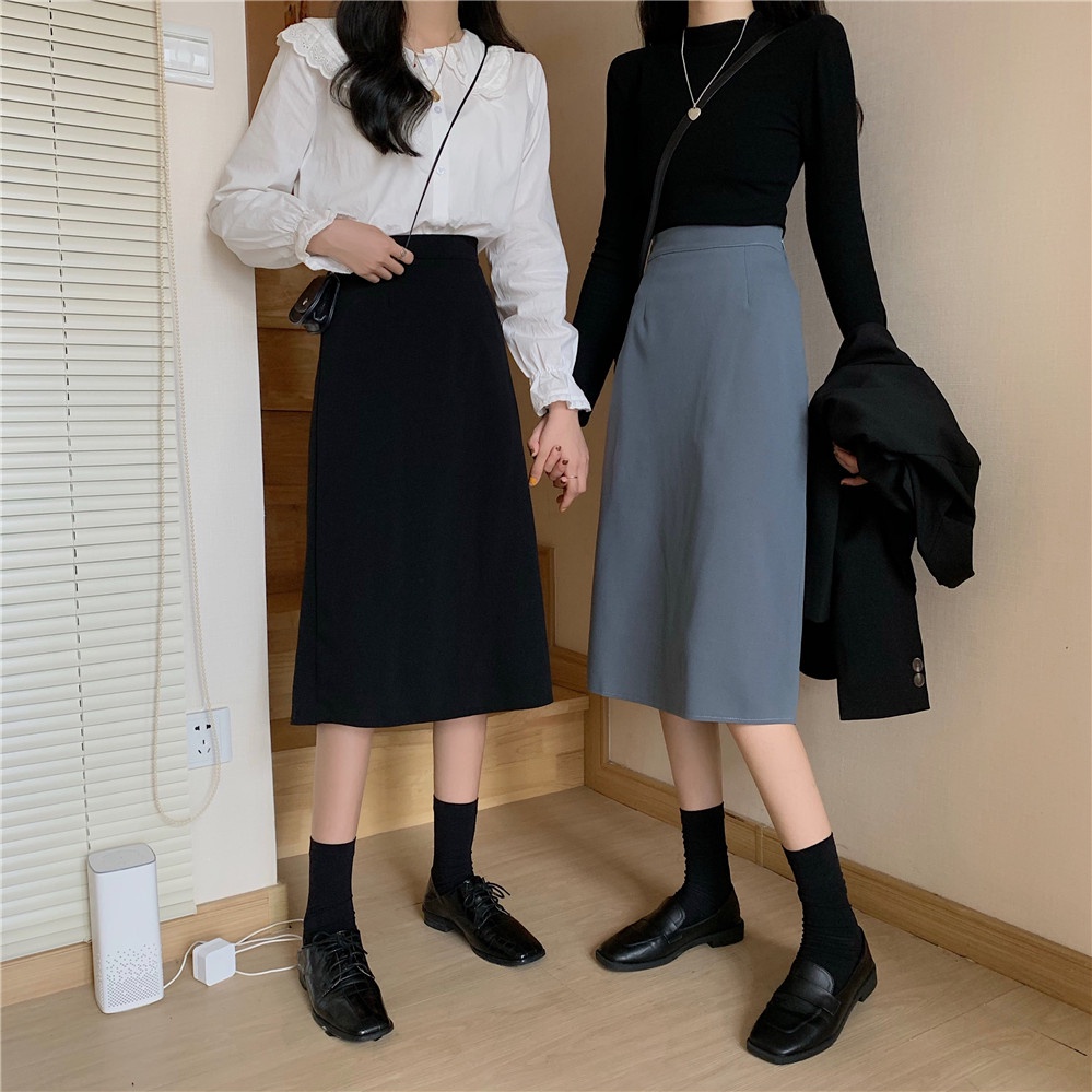 COD New 2022 Fashion Korea Women Black Blue Casual Work Midi Skirts