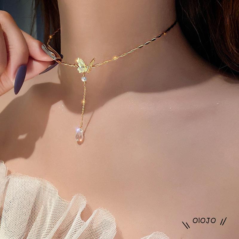 Kalung Rantai Clavicle Simple Dengan Liontin Kupu-Kupu + Tetesan Air Untuk Wanita ol2