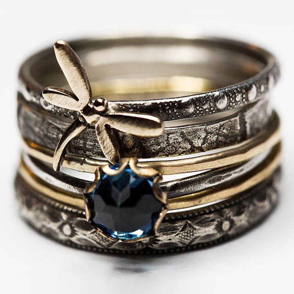 Hu Hu Hu Hu Hu Alat Bantu Pasang Kacamata♡ Cincin Jari Multilayer Desain Capung Aksen Kristal Imitasi Warna Biru Gaya Vintage Untuk Kencan