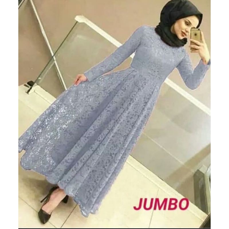 YUNI Grey Jumbo Gamis silver brukat baju muslim wanita brukat panjang Dress Gamis bahan brokat