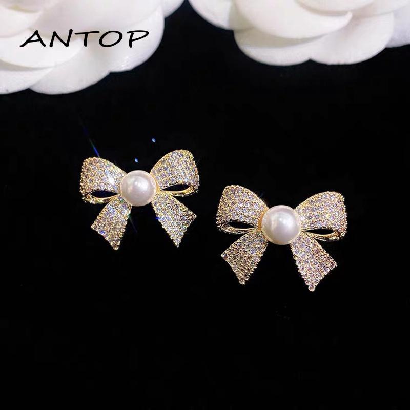 Anting Tusuk Model Pita Aksen Mutiara Untuk Wanita