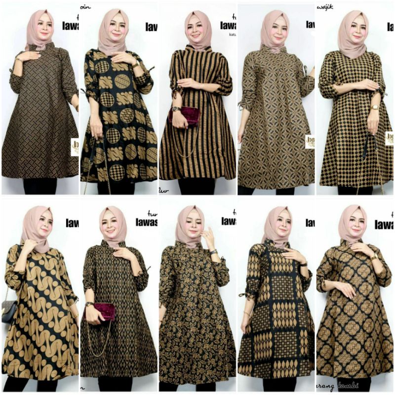 Tunik batik lawasan atasan wanita warna cokelat liris salur kawung