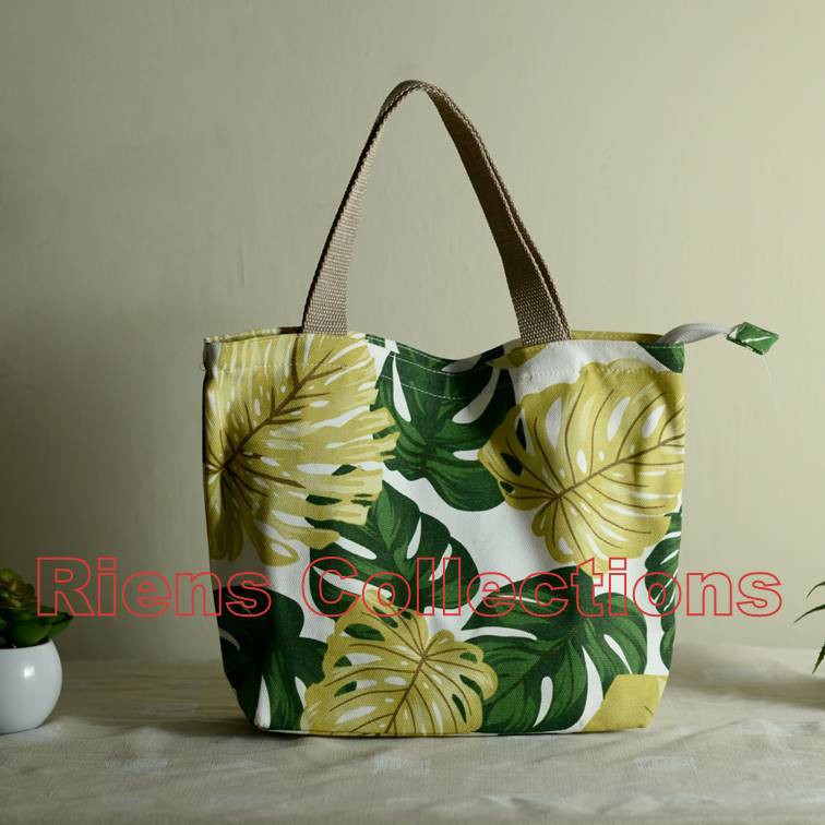 HANDBAG BESAR BAHAN KANVAS MOTIF DAUN TALAS. TAS KANVAS. TAS WANITA. RIENS COLLECTIONS