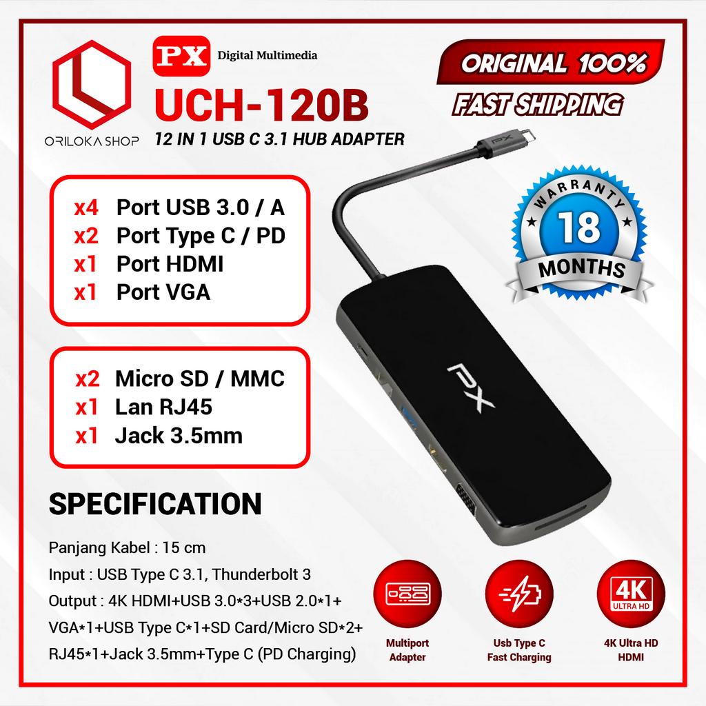 PX UCH120B 12 IN 1 Type C 3.1 Hub Converter to HDMI USB 3.0 - Garansi Resmi PX