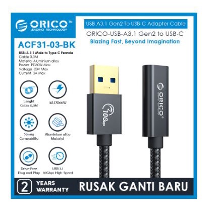 Cable Usb A male to Usb3.1 type c female extension adapter orico 30cm 0.3m gold Am-Cf 3A 10Gbps aluminum for pc cpu laptop phone acf31-03