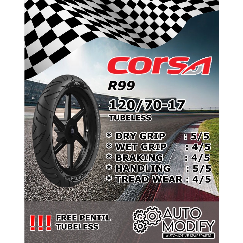 Ban Corsa Platinum R99 Ukuran 120/70-17 (Tubeless Ring 17) - FREE PENTIL
