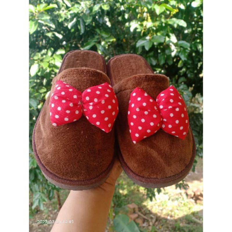 Sandal Slop Bulu Pita Polkadot Sandal Bustong Rumahan