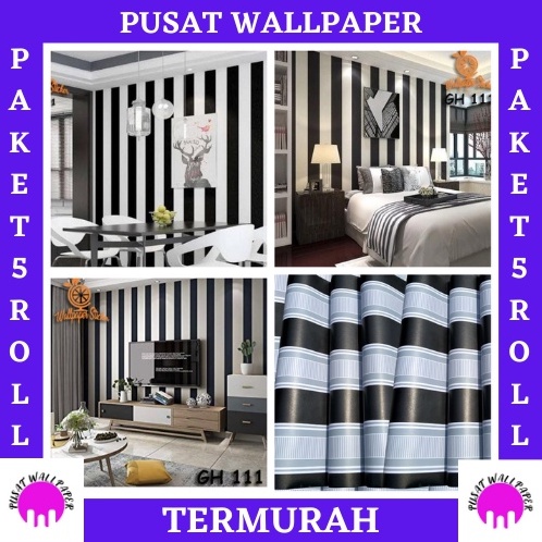 COD - PROMO PAKET 5ROLL (BUY 4 GET 1 FREE) Wallpaper Sticker Dinding Walpaper Stiker Ruang Tamu Walpeper Tembok Kamar Tidur Motif SALUR HITAM Elegant PUSAT WALLPAPER