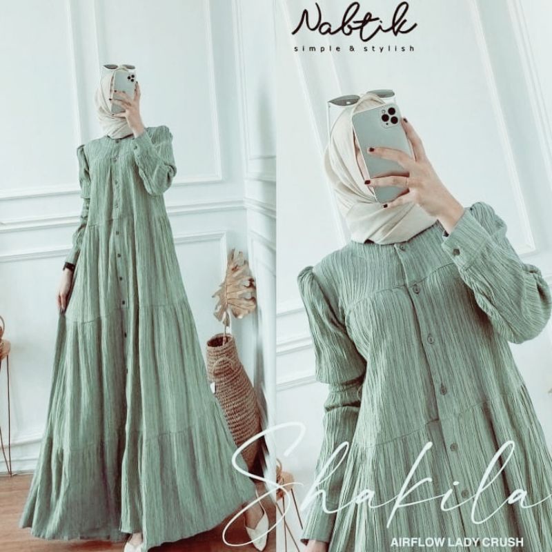 Shakila Maxy Dress Gamis Crinkle Airflow Lady Crush Premium Full Kancing-Shakila Sage Green