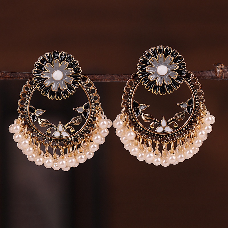 Anting Tusuk Gantung Wanita Desain Bunga Aster Enamel + Mutiara Gaya Indian / Bohemian Handmade Untuk Pesta