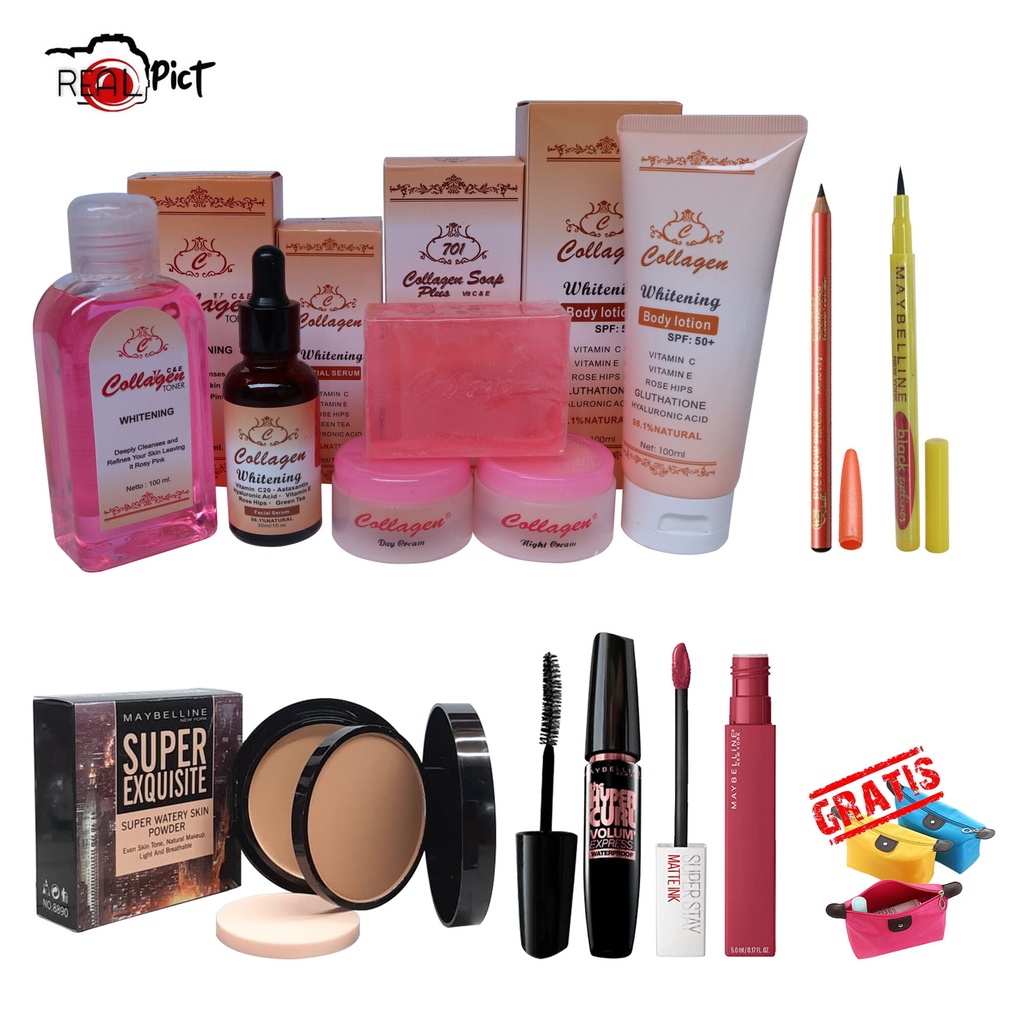 [ PAKET HEMAT ] SKINCARE DAN MAKEUP / Paket Cream Sabun Toner Serum Lotion Collagen + Bedak Maybelline Super Exquisite + Maskara Hitam + Lipcream Barcode+ Eyeliner 24h + Pinsil AlisViva FREE TAS POUCH