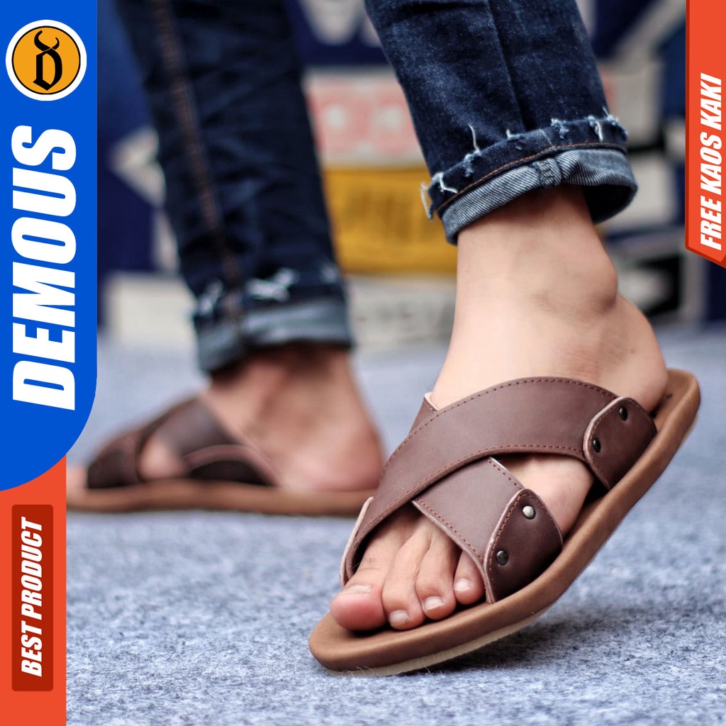 DEMOUS XMIN Sandal Slop Kulit Asli Terbaru Sendal Casual Selop