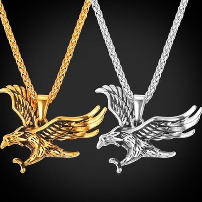 Kalung Rantai Liontin Burung Elang Gaya Punk Biker Warna Emas Untuk Wanita