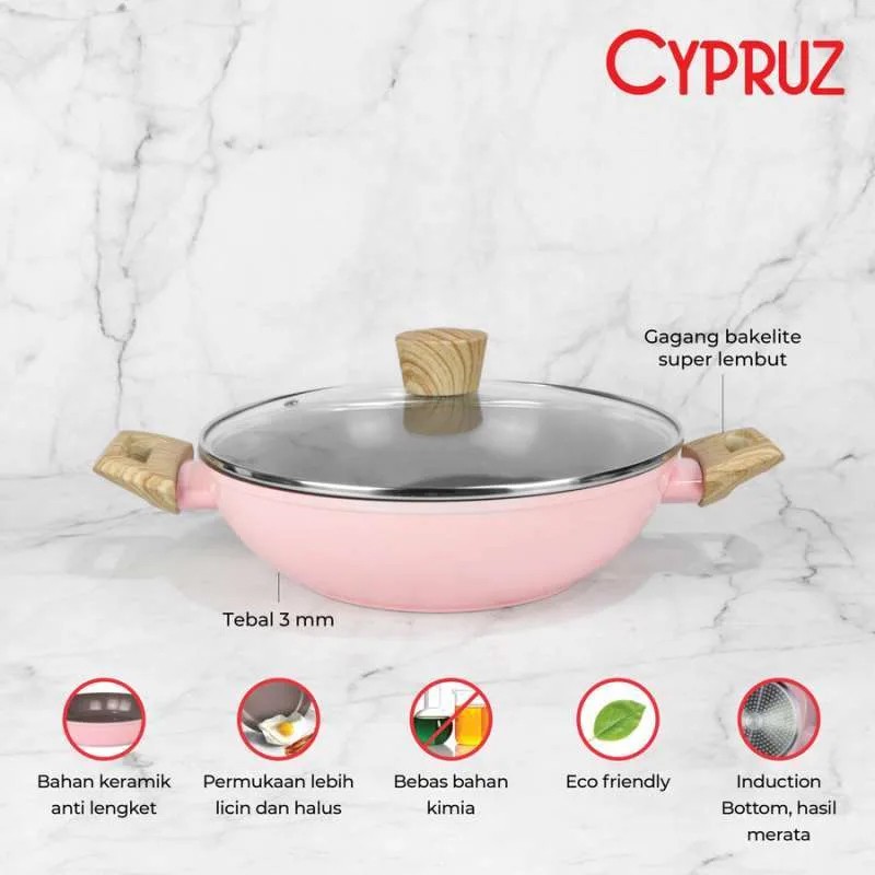 Cypruz Pink Ceramic White Wood Handle Series Wok + Lid 26 Cm KI-0872