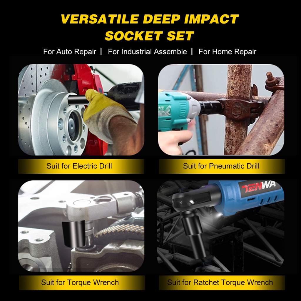 Impact Socket Set 10/15Pcs 1/2 Inch 8-24MM Extension Impact Socket Panjang Mencapai Soket Nut Perbaikan Alat