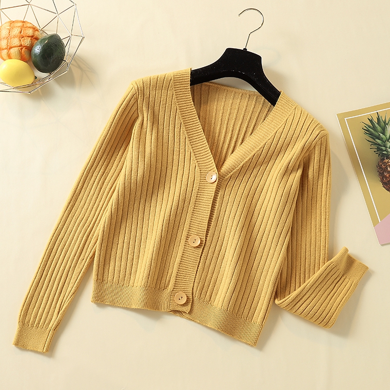 Cardigan Rajut Tipis Casual Lengan Panjang Warna Polos