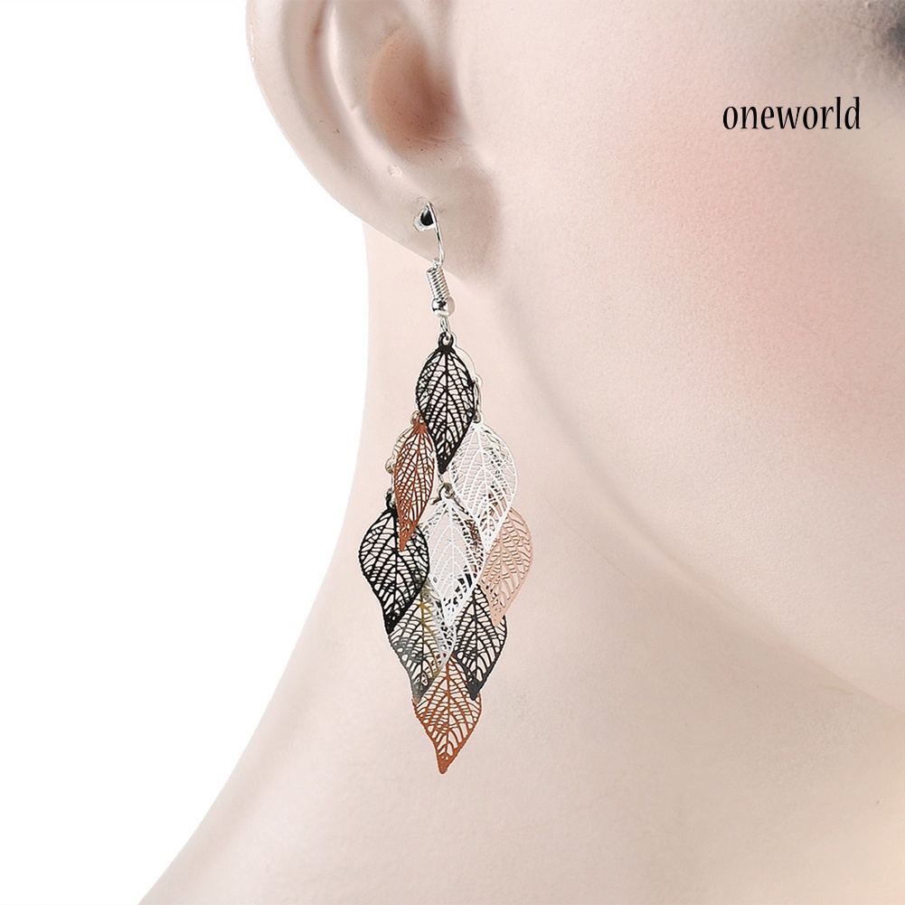 OW@ Lady Colorful Multi Layers Hollow Leaf Elegant Hook Earrings Jewelry Decor