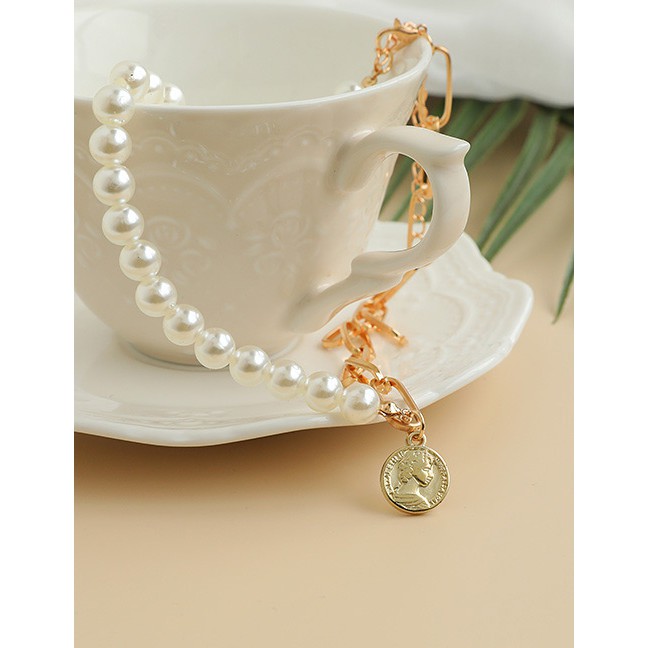 LRC Kalung Wanita Fashion Gold Color Alloy Double Pearl Cross Necklace P03025