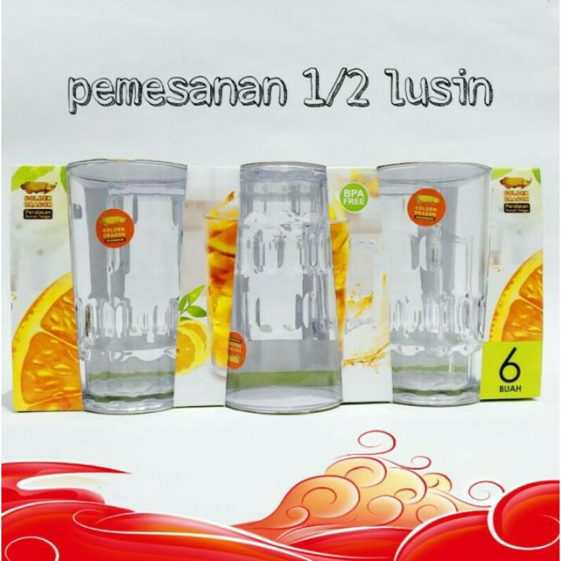 6 Pcs Gelas Melamin Putih Bening Gelas Gagang Teh 853 Golden Dragon