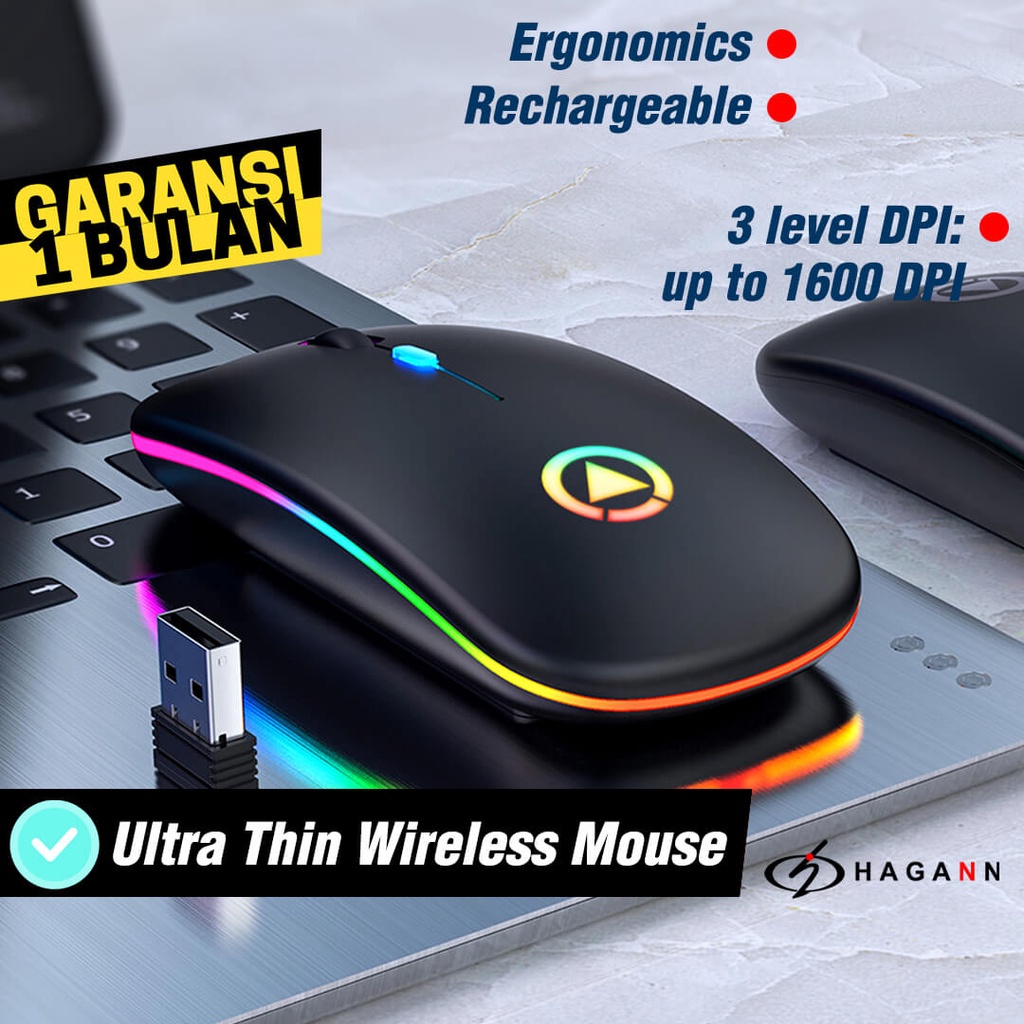 Mouse Wireless Silent Click Rechargeable Laptop Wireles RGB Led USB Unik Ergonomic Up To 1600 DPI