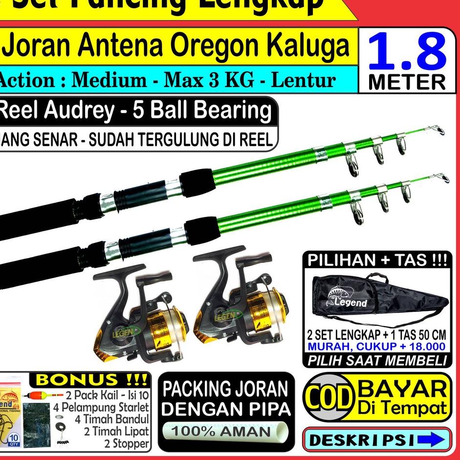 Update Terkini Pancing 2 SET Lengkap - Joran Antena 1,8 Meter Oregon Kaluga - Reel 5 BB - Dengan TAS/Tanpa Tas