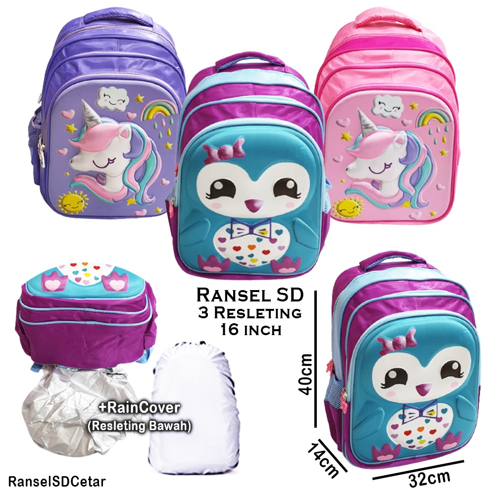 FREE RAIN COVER - TAS RANSEL ANAK SEKOLAH PEREMPUAN SD 16inch GAMBAR KARTUN KUDA PONY PIRANG CETAR BURUNG PIQUIN OWL 3RESLETING 3D TIMBUL IMPORT ( Cetar Kuda Terbang sugar Balon Kupu Sweet 16&quot; )