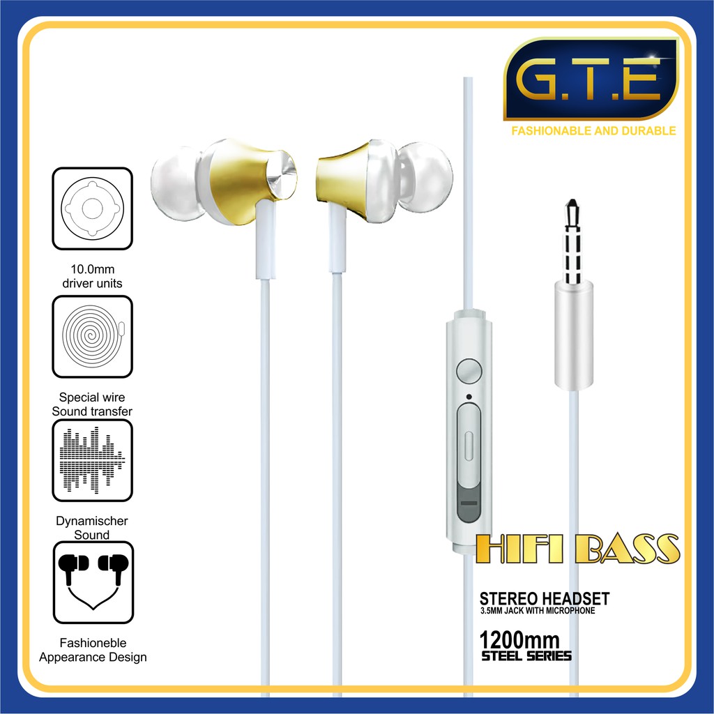 Earphone In-Ear Stereo Booster, Headset Stereo, Hifi Bass GTE dengan Mic + Kabel Jack 3.5mm