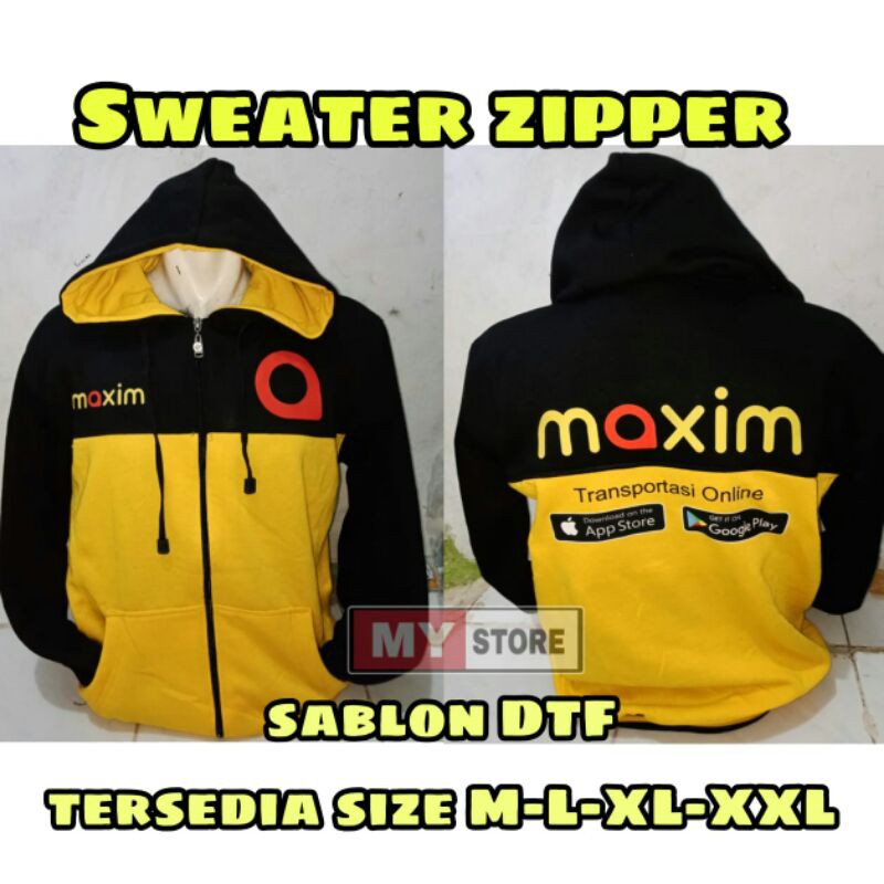 Sweater zipper hitam kuning sablon DTF maxim ojek online