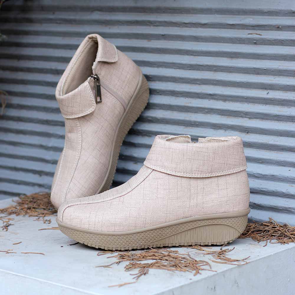 Sepatu Boots Wanita Flat Kulit Sintetis Resleting Korea Tanpa Tali Blackkelly Original Warna Cream Coklat