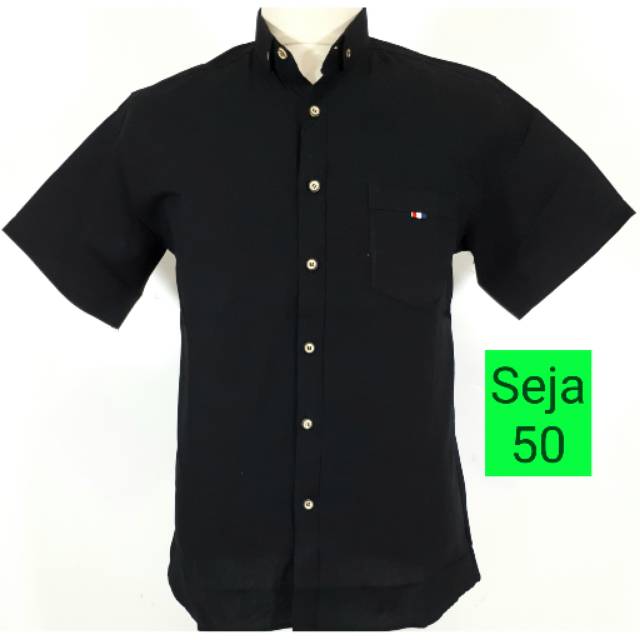 Kemeja Hem Kasual Kerja Hitam Polos Pendek Pria bahan Katun Regular - Size L XL