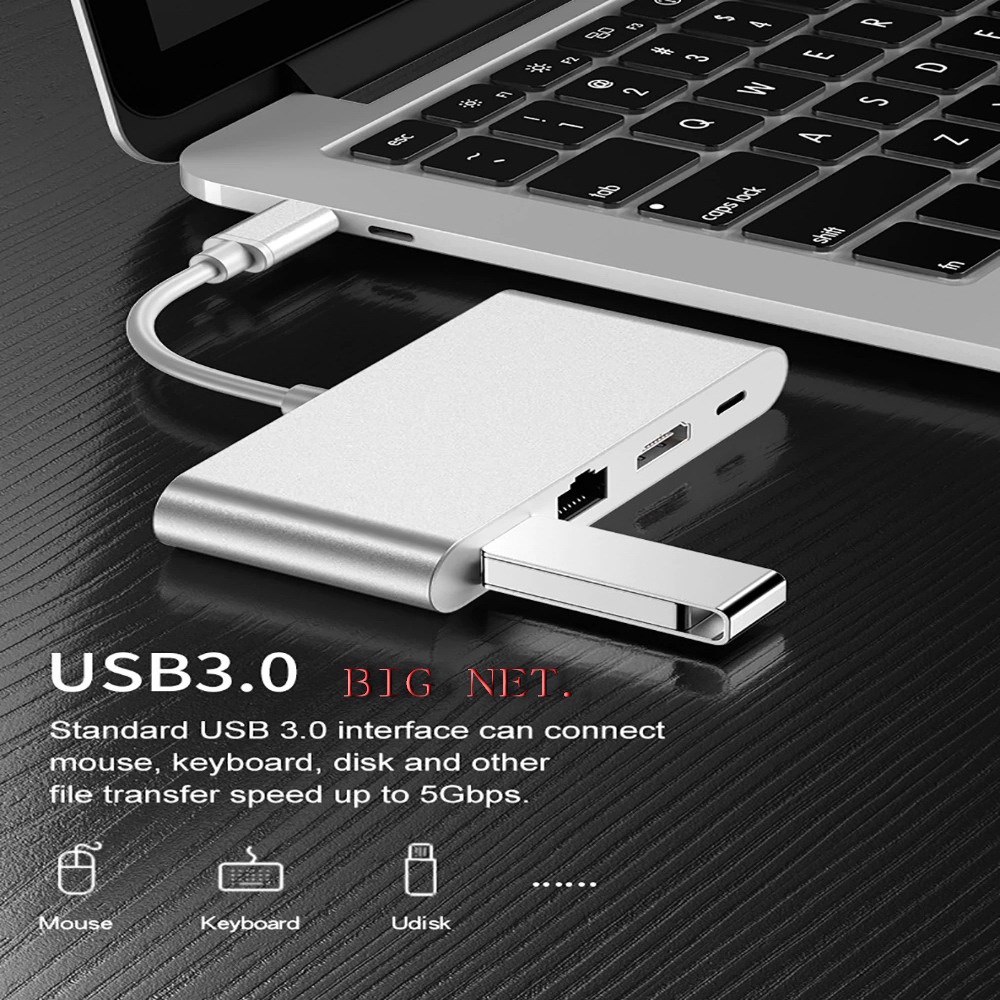 TYPE-C (USB C) TO HDTV(HDmi)+USB 3.0+LAN+PD Converter Adapter 4in1