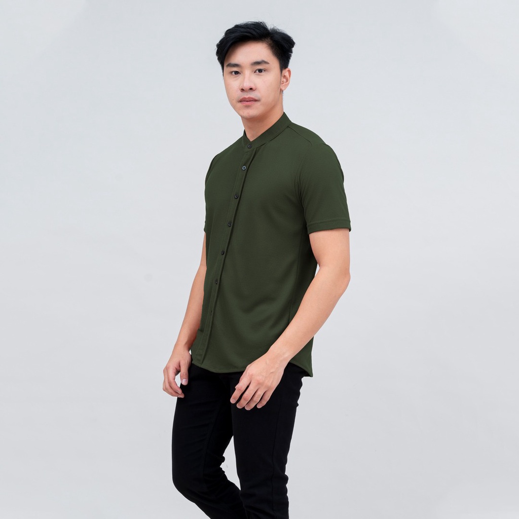 BROGUY Kemeja Pria Lengan Pendek Kerah Sanghai Casual Polos Slimfit Size M - XXL ARMY