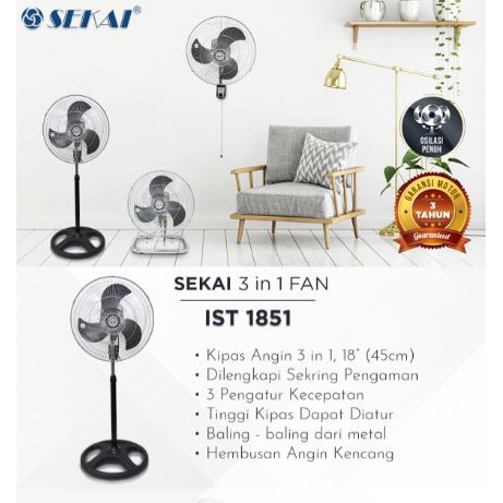 (PENGIRIMAN KHUSUS JNT/JNE/EKSPEDISI) Kipas Angin Sekai 3 in 1 18 inch IST 1851