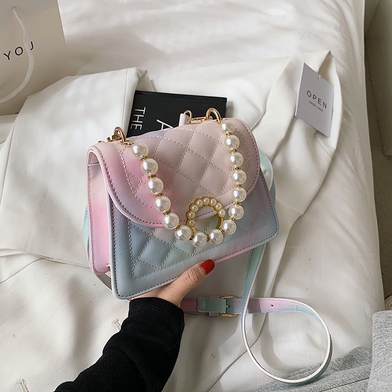 Tas Import Fashion Tali Selempang Wanita Korea Gradasi Biru Ungu Hijau Krem Pink Rainbow Pegangan Mu