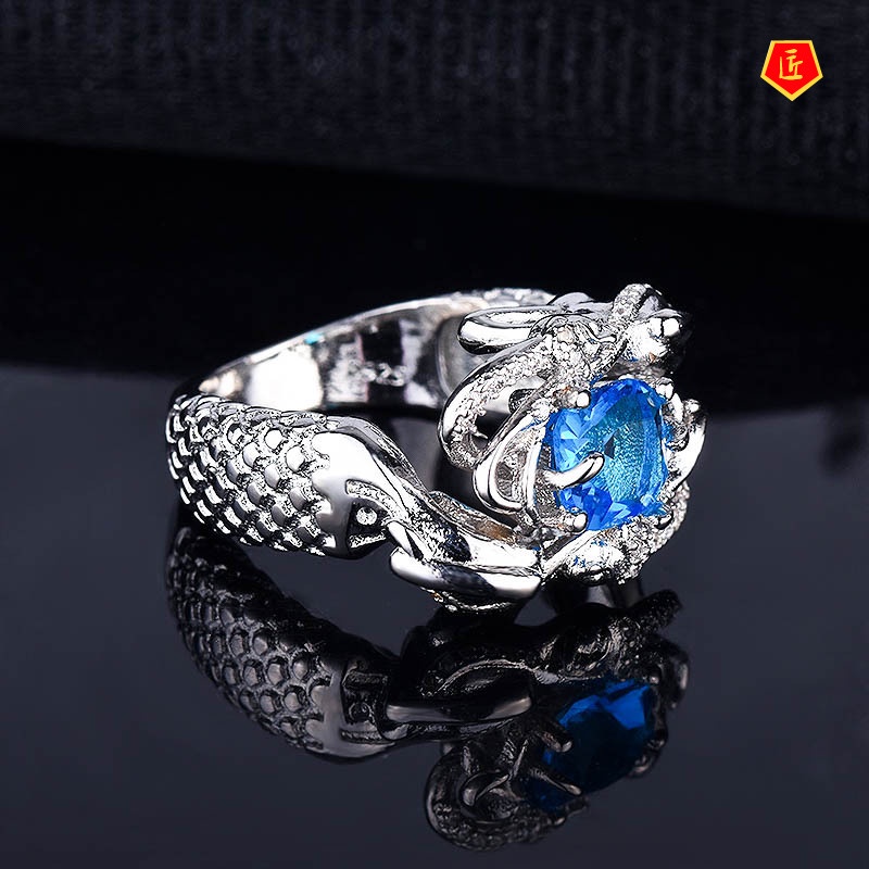 [Ready Stock]Creative Mermaid Ring Inlaid with Topaz Sapphire