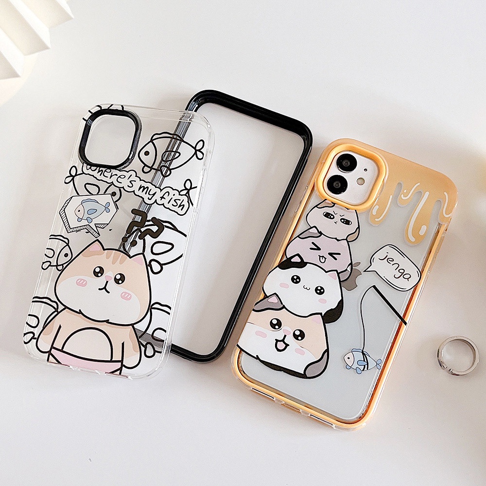 3 In 1 Soft Case Silikon TPU Motif Kartun Kucing Untuk IPhone 13 12 11 Pro Max X XR XS Max 7 8 6 6S Plus