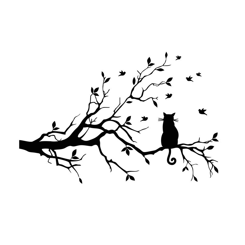 Stiker Dinding Decal Desain Cat on A Tree Branch Untuk Ruang Tamu / Kamar Tidur