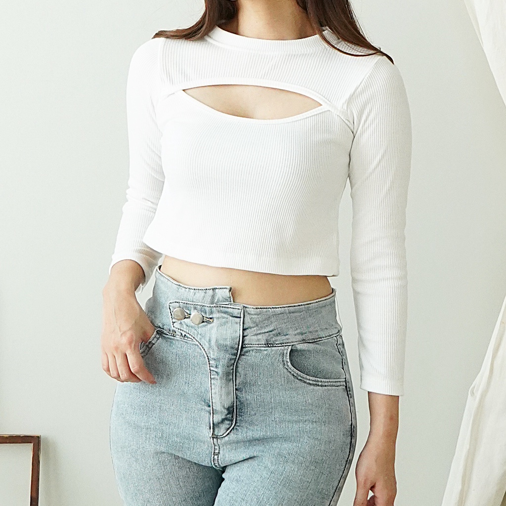 Korean Longsleeve Crop Top Korea Kaos Baju Lengan Panjang Wanita 074