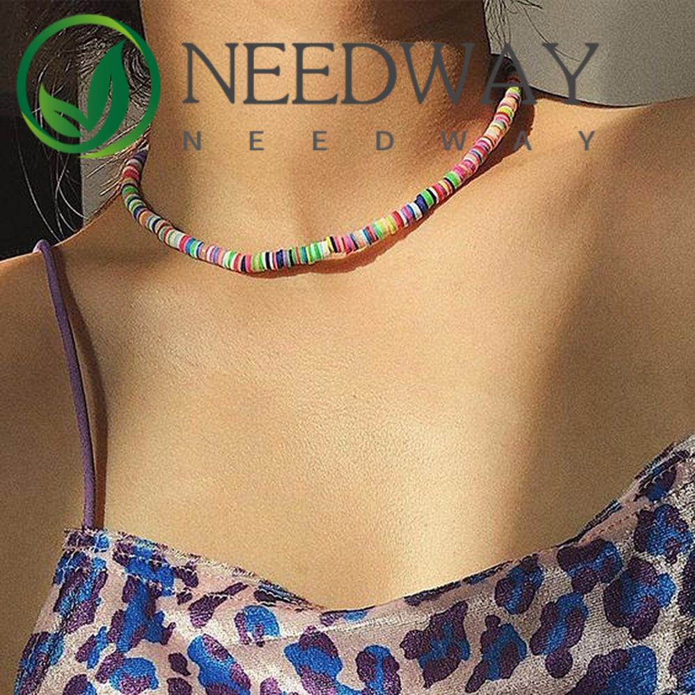 Needway  Sweet Beach Clavicle Chain Personality Beads Collar Bohemian Necklace Women Aolly Creative Stacking Colorful Jewelry Gift Soft Pottery/Multicolor