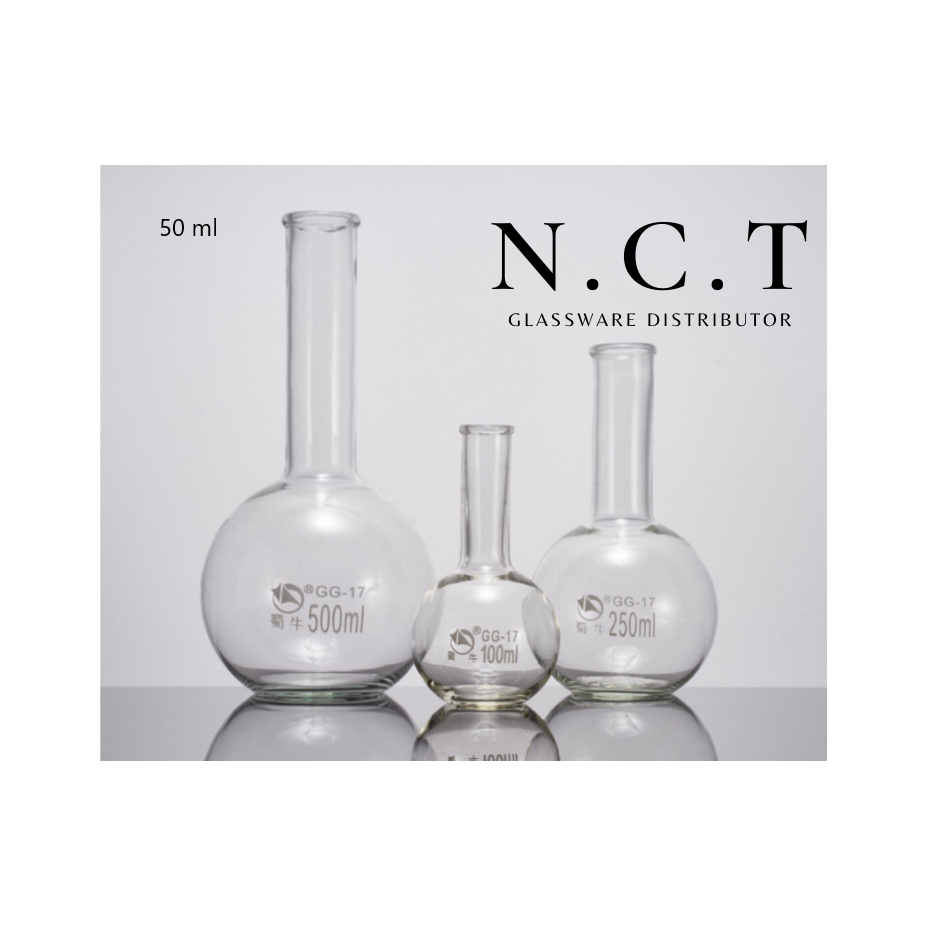 SHUNIU Transparent Borosilicate Glass Long Neck Flat Bottom Boiling Flask 50 ml | Labu Didih