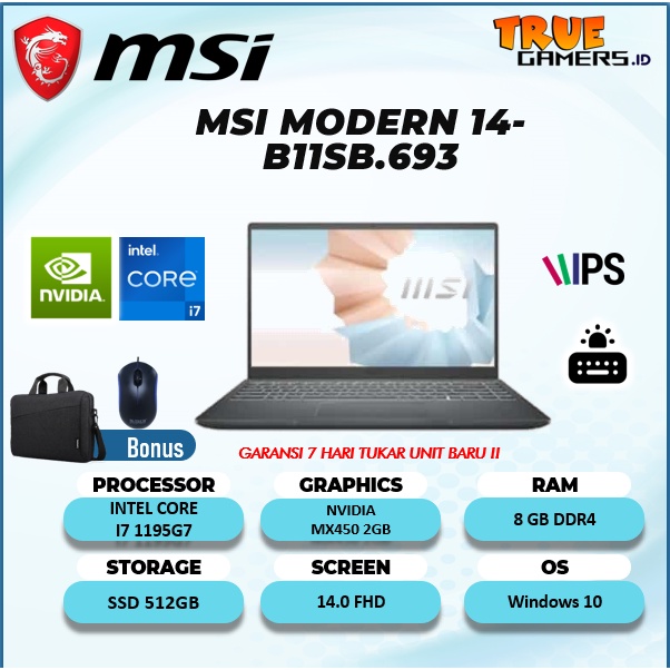 MSI MODERN 14 I7 1195G7 8GB 512SSD MX450 2GB W10 14.0FHD IPS BLIT GARANSI 2 TAHUN