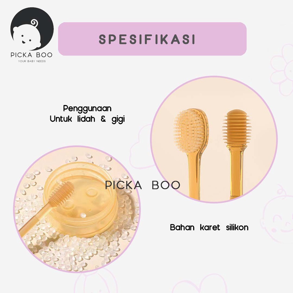 PICKA BOO Premium Set 3 in1 Sikat Gigi dan Lidah Bayi Silikon 0-18 Bulan Plus Gelas