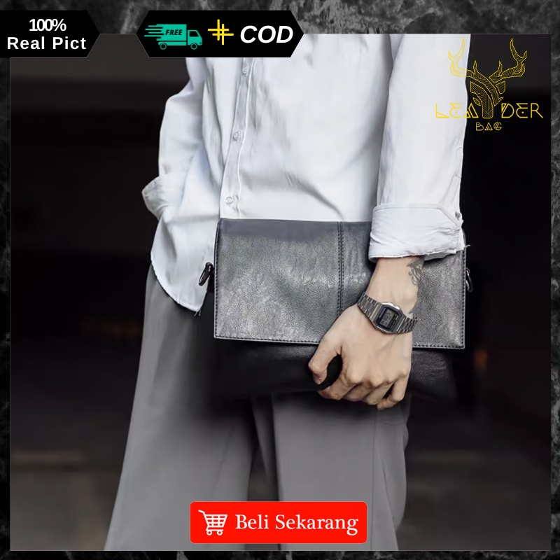 Tas Selempang Kulit Pria Kerja Original Waterproof Model Terbaru Warna Hitam Dan Coklat | Tas Slingbag Messenger Kulit Cowok Distro Ori Keren Anti Air TANGO B50