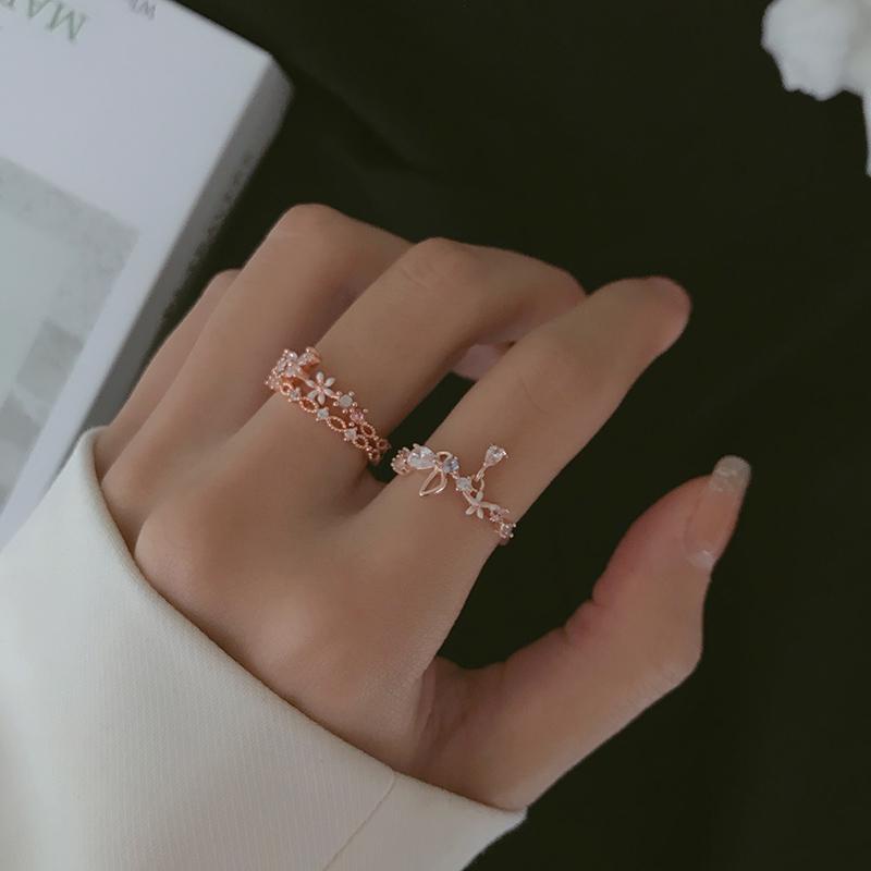 Cincin Model Terbuka Adjustable Desain Bunga Dan Kupu-Kupu Aksen Zircon Gaya Korea